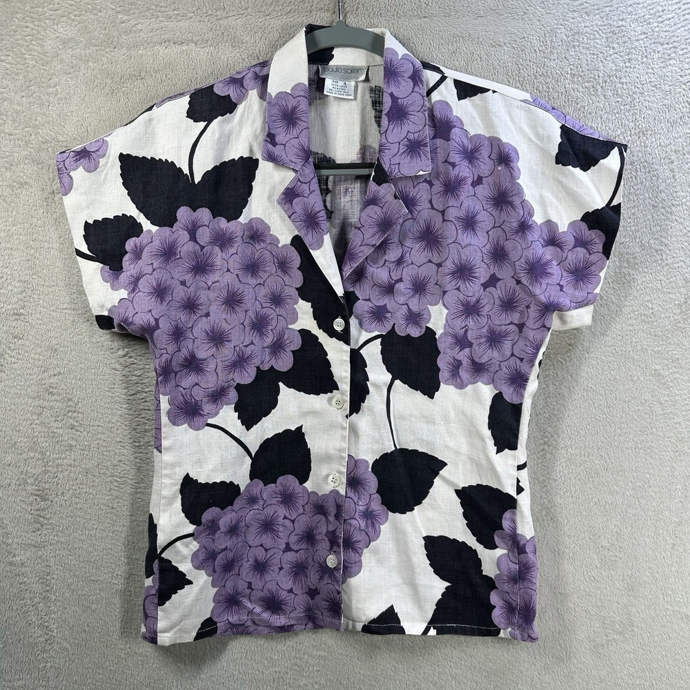 Paula‎ Saker 100% Linen Purple Floral Button Front Blouse Women's 4 Cottagecore